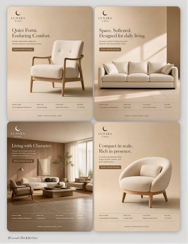 Create a world-class multi-page interior real-estate sales campaign board for a self-created premium