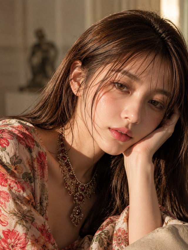 Ultra-realistic cinematic close-up portrait of a beautiful young woman with soft fair skin, expressi