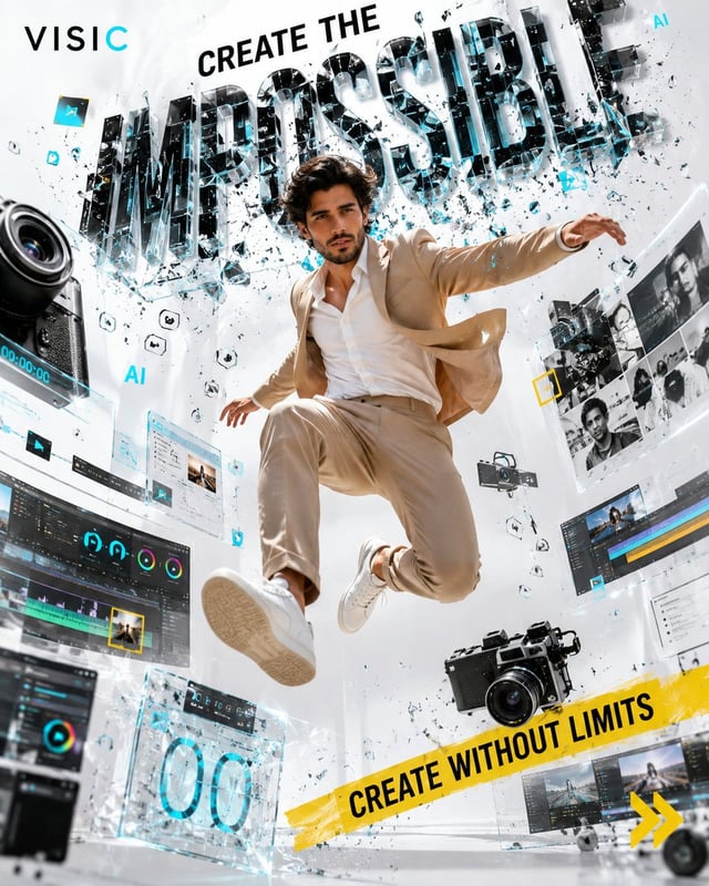A digital creator jumping through giant floating creative tools.