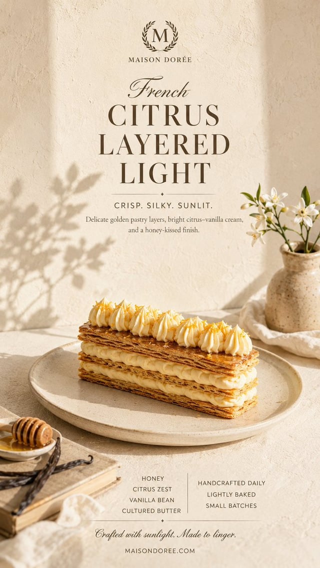 Create a 9:16 premium food advertising poster for a French pâtisserie brand.