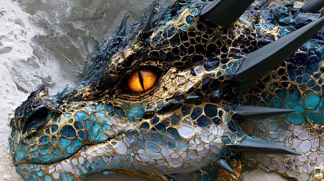 A close up portrait of a dragon head in profile, rendered in a heavily textured fluid art style with