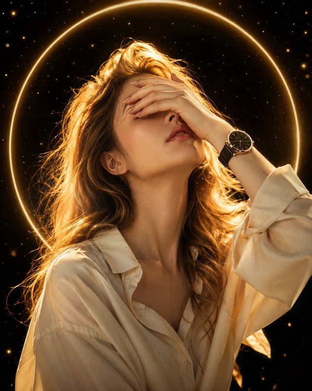 A dreamy cinematic portrait of a beautiful young woman with long, wavy golden-blonde hair, wearing a
