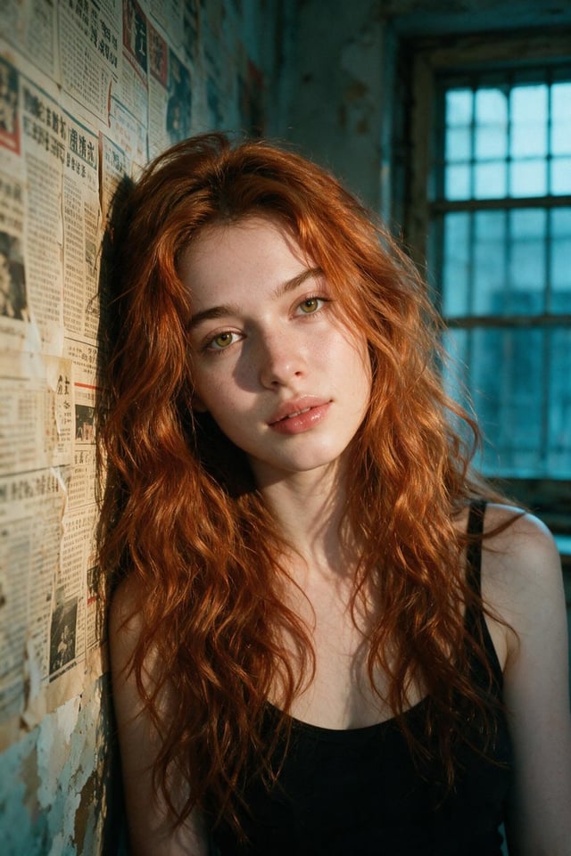 Portrait of a young woman with long tousled copper-red wavy hair falling loosely across her face and
