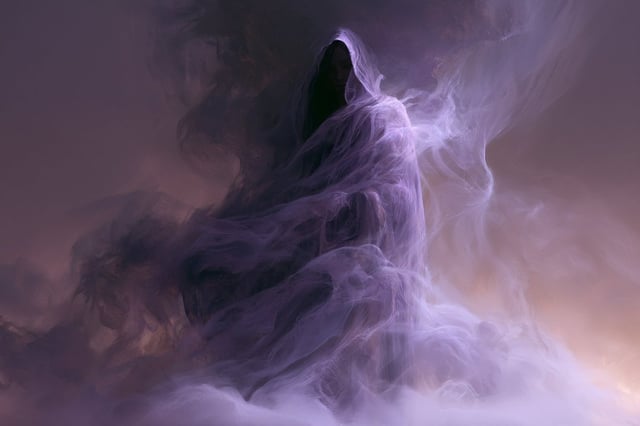 [Subject] emerging through a Whispered Phantom Veil, where drifting smoke and eerie fog obscure deta