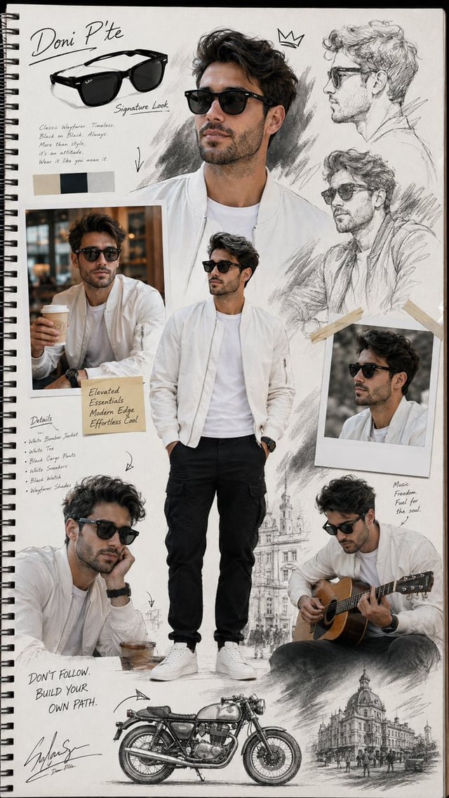 An ultra-realistic character design collage on a white spiral-bound sketchbook page, consistently fe