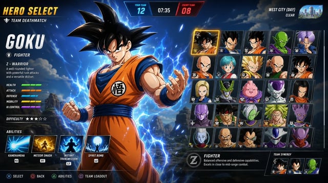 Create a premium  hero-selection interface for a fast-paced team-based hero shooter set in the Drago