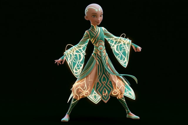 [Character], Pixar-inspired 3D animation style, full-body shot, centered on a pure black background.