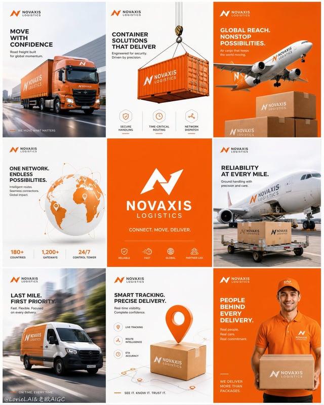Create an ultra-premium 3x3 campaign board for a fictional international logistics group, designed a