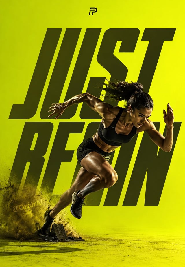 Full-body action shot of a female athlete explosively bursting out of starting blocks, muscles engag