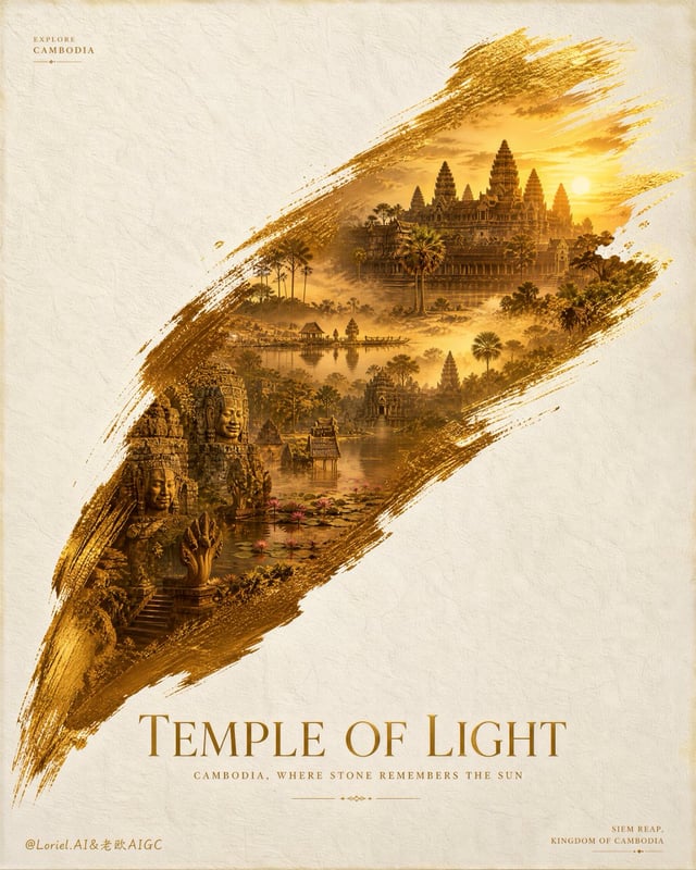 Create an ultra-premium tourism advertising poster for Cambodia, designed as a Cannes-award-level de