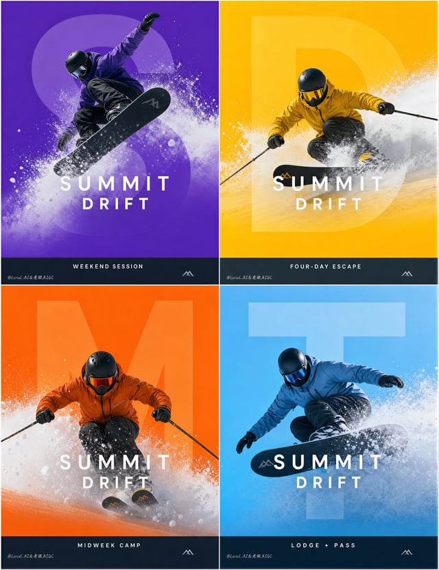 Create an ultra-premium 2x2 winter-sports campaign poster board for a fictional international alpine