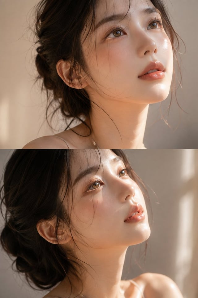 An ultra-realistic luxury beauty editorial close-up portrait of a young woman with luminous porcelai