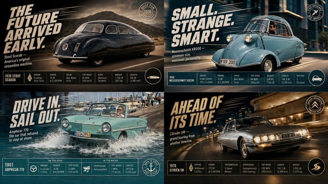 2x2 grid, do this for 4 classic unusual cars that were real: class Commercial_Ad_Campaign:      def 