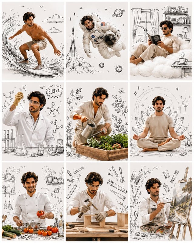 Create an ultra-resistic 3-3 editorial lifestyle collage festuring the same mature male portrayed tu