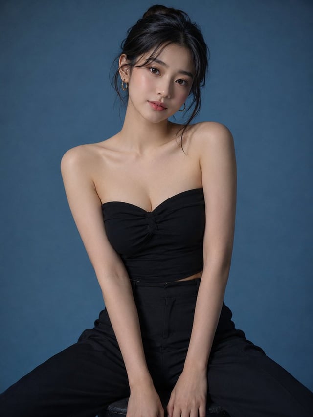 Ultra-realistic studio fashion portrait of a cute and elegant young Korean woman with flawless fair 