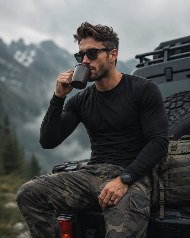 Cinematic portrait photography of a rugged athletic man with short dark hair and full beard, wearing
