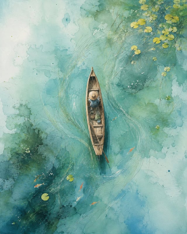 手绘环境插画，现代水彩概念场景风格，以透明水彩铺色和松散铅笔墨线为主，仅局部出现不透明厚涂、干刷颗粒与即兴笔触。正上方俯视一片青绿色池塘，一艘尺度较大的狭长木船纵向贯穿画面中部，略微偏离中心，船内坐着