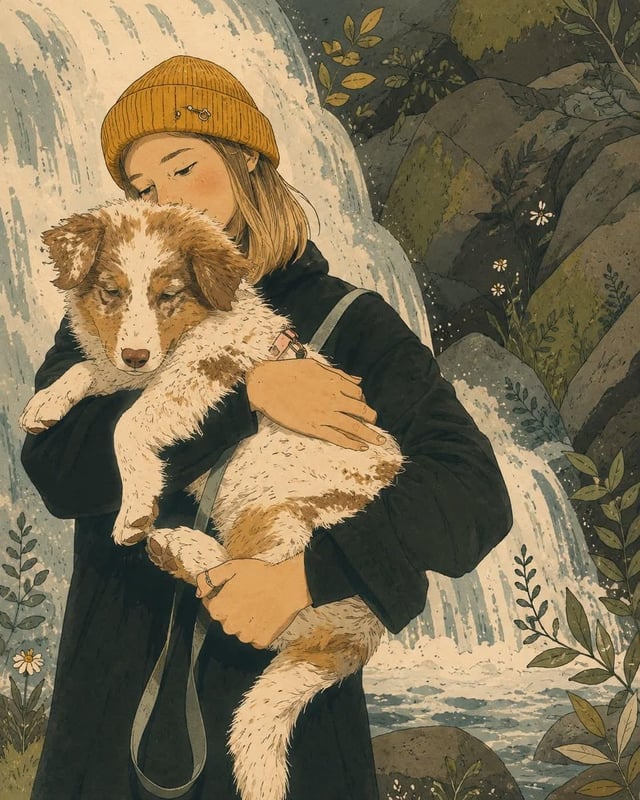 Whimsical storybook illustration of a young woman with short blonde hair wearing a mustard knit bean