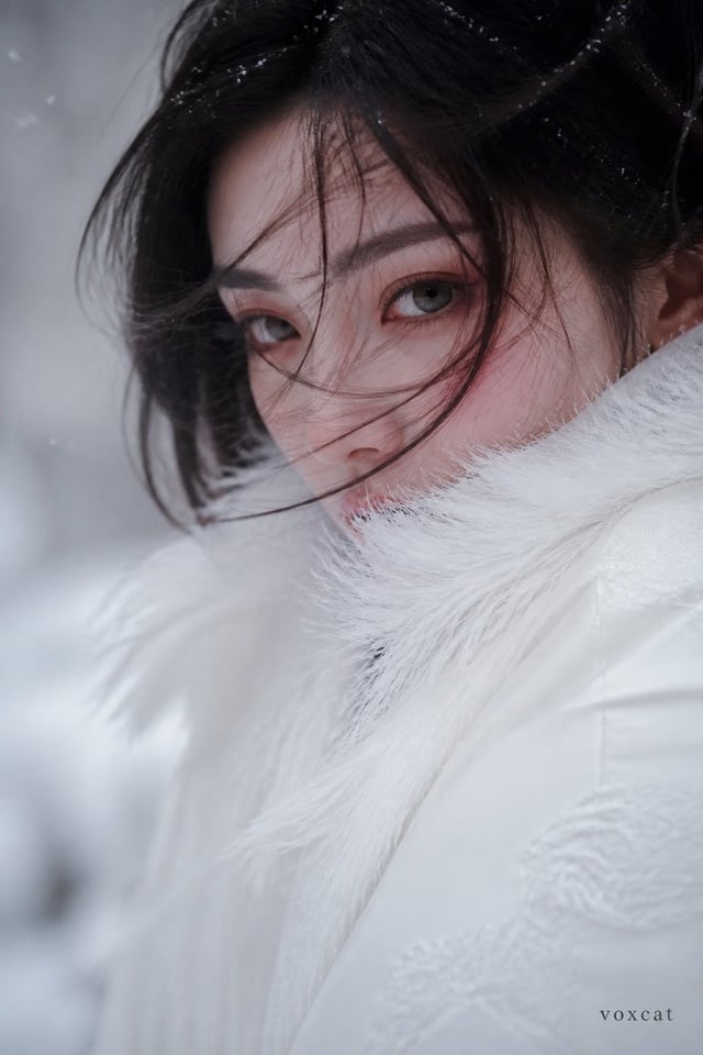 写实冬季时尚人像摄影，竖幅 2:3。单人，一位东亚 INS 成年女网红，黑色长发松散盘起，从右肩上方回眸直视镜头，面部呈四分之三侧角。几缕凌乱黑发横向掠过双眼、鼻梁与嘴唇，发丝和头顶附着细小雪粒。浅灰
