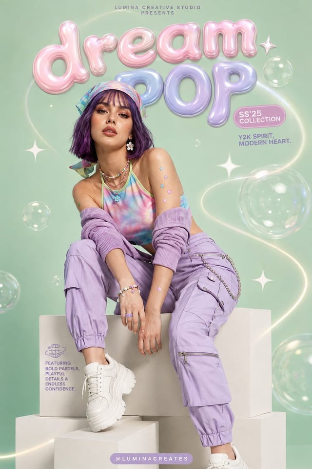 Create a premium Y2K-inspired fashion editorial poster featuring a stylish young woman with fair ski