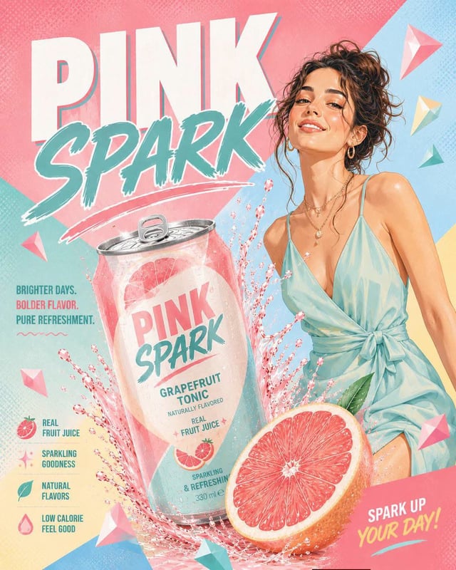 Pastel pop advertising illustration of [Human] beside a tilted [Brew] can bursting through a dramati