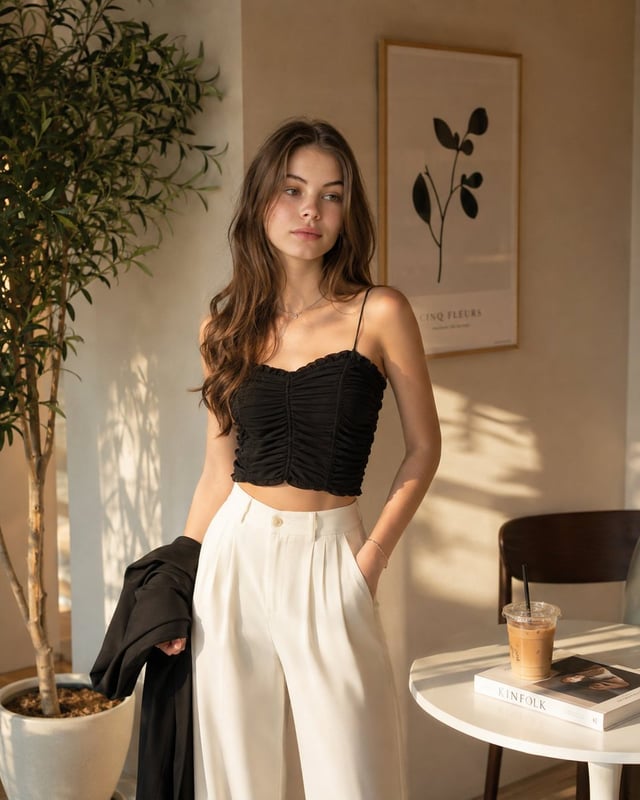 Photorealistic fashion portrait of a young woman standing indoors in a warm, minimalist café-inspire