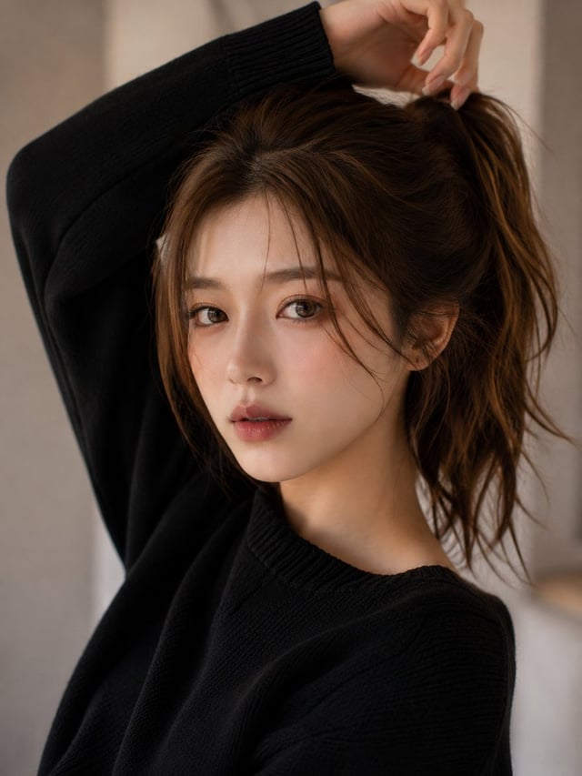 A cinematic close-up beauty portrait of a young woman with soft chestnut-brown hair tied in a loose 