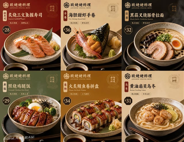 Create an ultra-premium flagship 6-panel commercial food poster for the Japanese-inspired dining bra