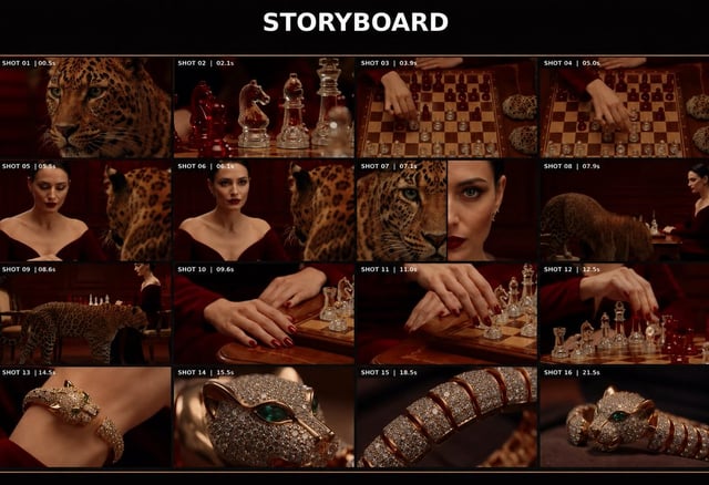 Create a 22-second ultra-luxury cinematic jewelry commercial set inside a dark, sophisticated room w
