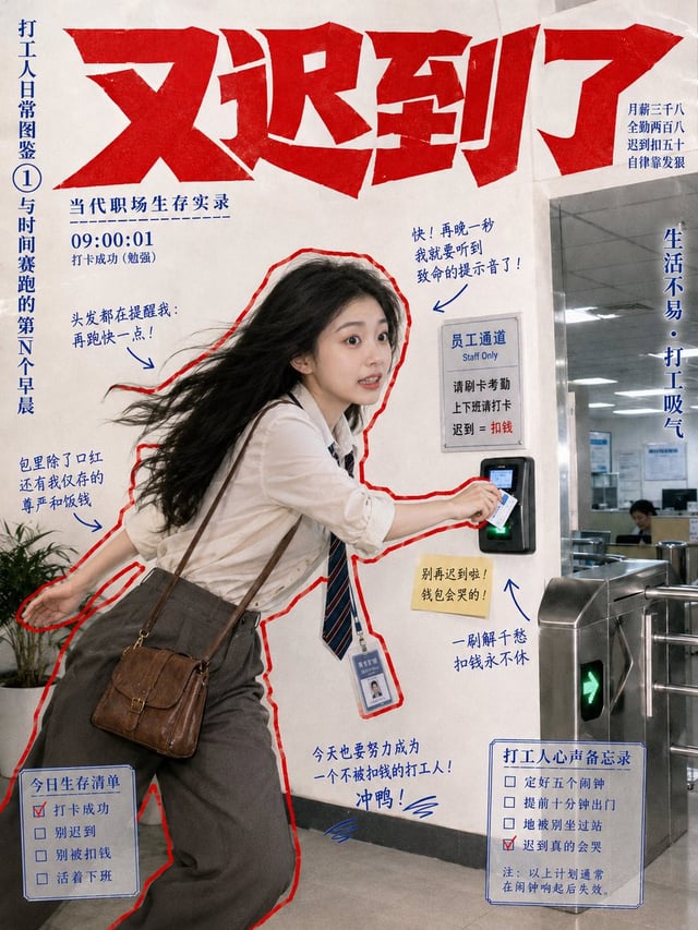 复古打工人报刊杂志风，年轻女性办公室职员，长黑发，白色宽松衬衫＋深灰西装裤＋条纹领带＋工牌，真实自然抓拍感。2000年代老式办公室场景，电脑、座机、文件、咖啡杯、Excel表格等元素。米白旧报纸底色，