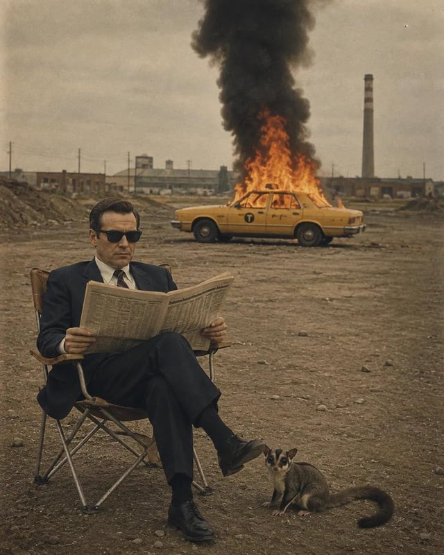 Surreal cinematic vintage photograph of a calm, impeccably dressed middle-aged man sitting casually 