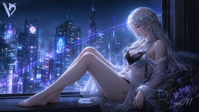 成年银白长发女性，3D二次元半写实游戏CG风，坐在高层公寓落地窗边，身体位于画面右侧，侧身后靠，双腿弯曲向左前方延伸，赤脚，姿态慵懒安静。白色宽松半透明丝绸衬衫，黑色蕾丝内搭，银色星形发饰，白皙细腻皮