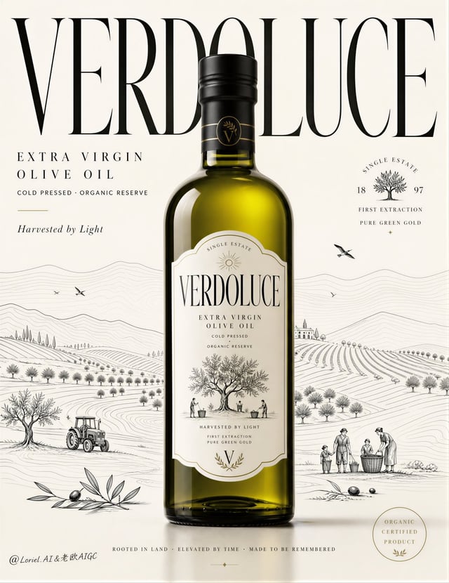 Create an ultra-premium poster advertisement for a fictional olive oil brand called “VERDOLUCE”, des
