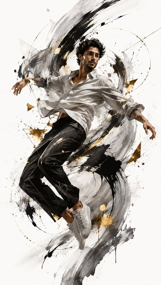 Create a high-fashion editorial fashion poster featuring a young male model captured in a dynamic, w