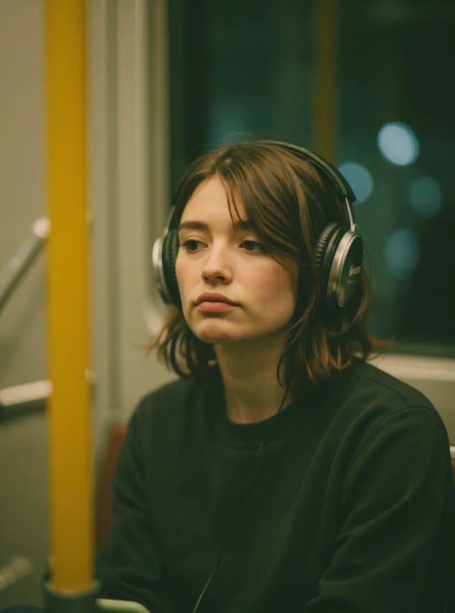 Photorealistic cinematic portrait of a young woman sitting inside a recording studio or radio booth,