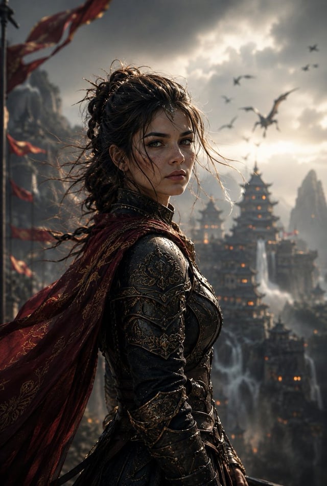 Create a spectacular cinematic fantasy portrait of an elite female guardian standing high above a le