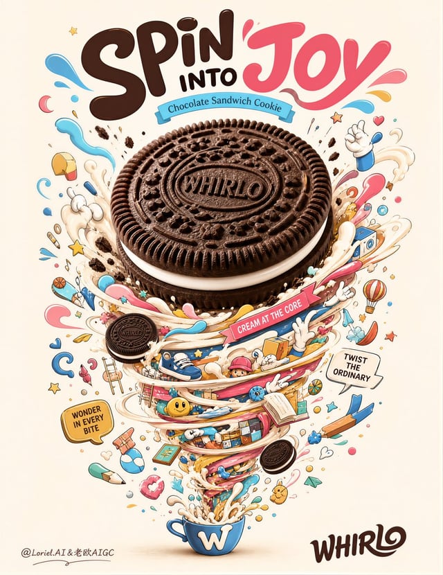 Create an ultra-premium advertising poster for a fictional chocolate sandwich cookie brand called “W