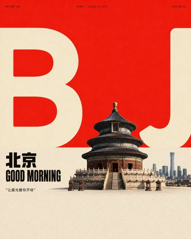 围绕任意主题对象生成具有平面海报秩序与真实焦点形象的设计：先以一块占据上部的大面积鲜明高明度色场建立开阔留白，再在下部接入一块近乎等量、低饱和的浅色纸面区域，形成干净明确的水平色域交界；让主题的核心形