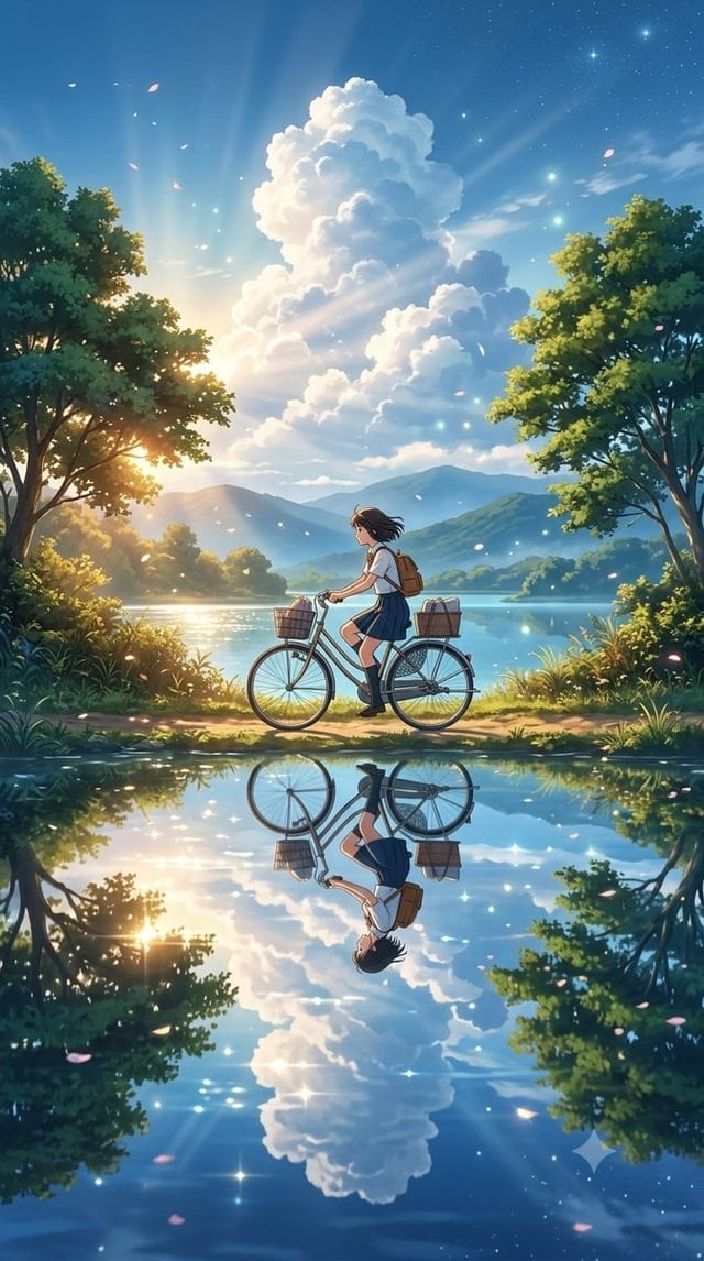 A breathtaking cinematic anime-style landscape at golden hour, vertical 9:16 composition. A young sc