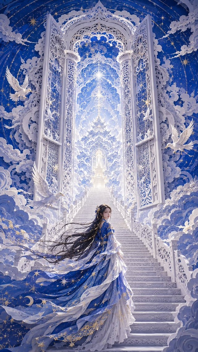 9:16竖版，现代东方女性梦境立体剪纸艺术，modern oriental papercut art，layered paper cut illustration，dimensional paper 