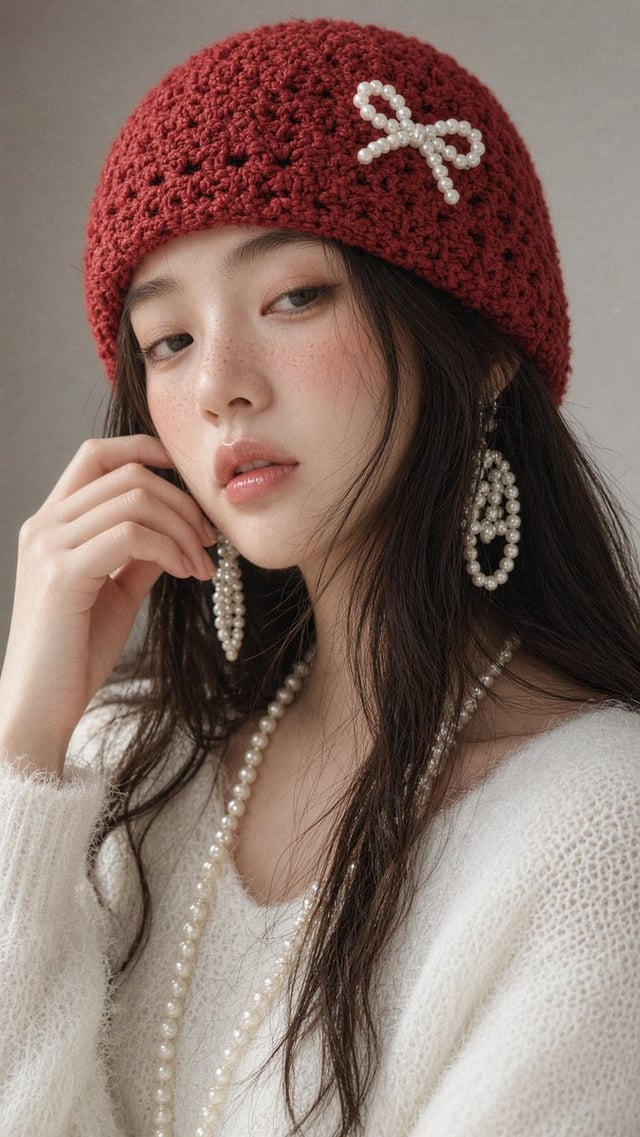A close-up portrait of a young Taiwan idol in her early 20s with soft porcelain skin, natural textur