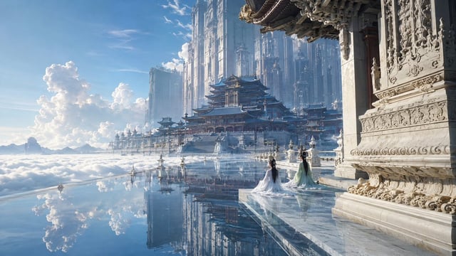 16:9 横向电影画幅，超写实、明亮、神圣、富有压迫感的东方神界电影剧照，1980s Hong Kong fantasy wuxia 的正面戏剧构图结合现代高规格 photorealistic VFX