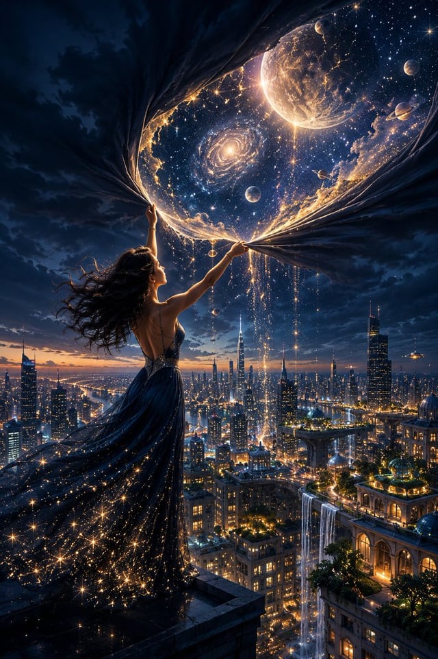 A breathtaking cinematic fantasy portrait of a beautiful woman standing on the edge of a skyscraper 