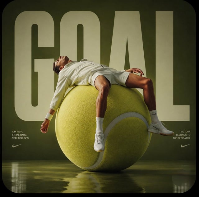 Avant-garde sports fashion, advertising, a huge tennis ball set up like a monumental sculpture, a ma