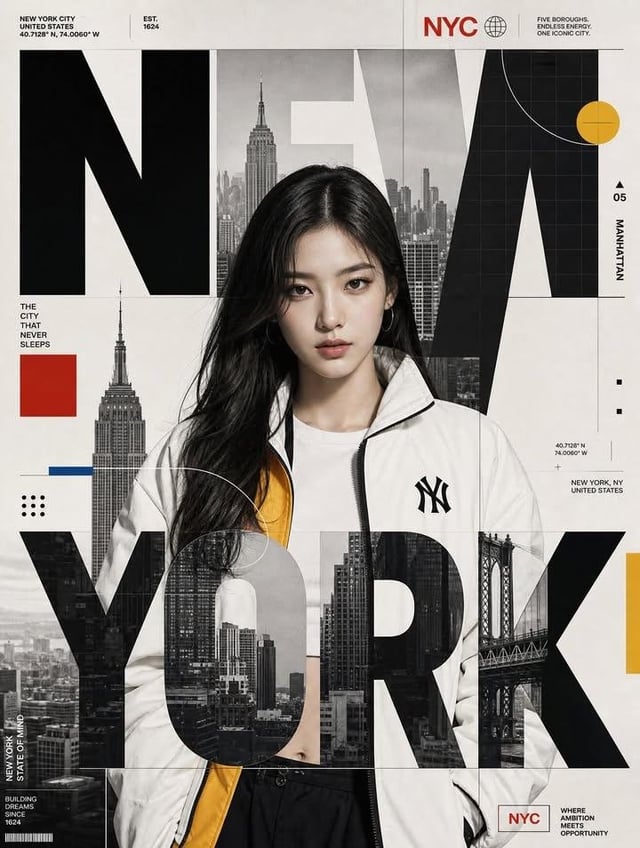 Create a premium graphic poster in the Swiss International Style, where a photorealistic portrait of