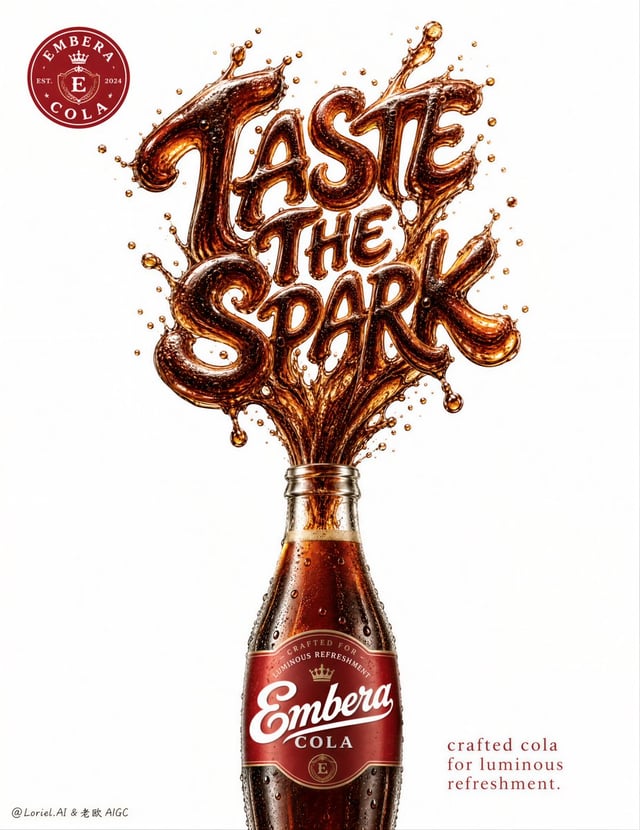 Create an ultra-premium commercial poster for an original carbonated beverage brand called EMBERA CO