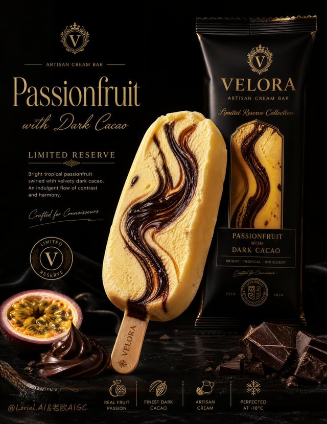 Create an ultra-premium commercial poster for an original gourmet ice cream bar brand called VELORA,