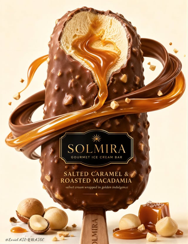 Create an ultra-premium commercial poster for an original gourmet ice cream bar brand called SOLMIRA