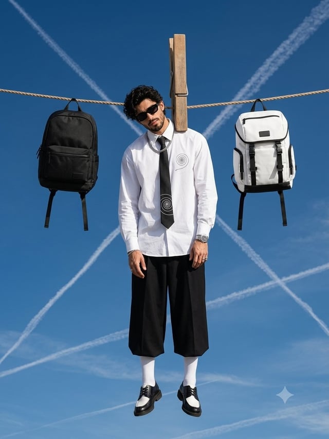 A surreal high-fashion editorial photograph of a stylish young man suspended mid-air from a giant wo