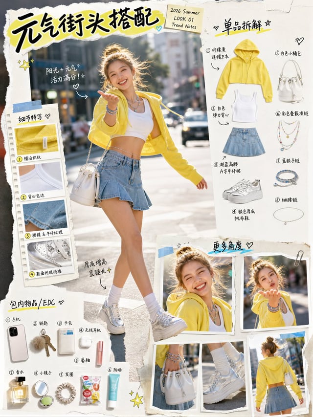 竖版 3:4 写实“街拍杂志感穿搭拆解版面（fashion editorial outfit breakdown board）”，编辑拼贴风：不对称排版、留白、撕纸边缘、胶带贴纸、图片边框轻微错位重叠